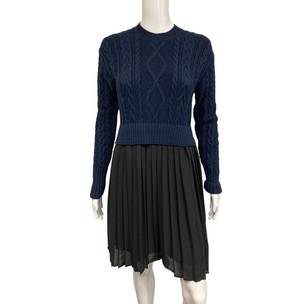 KENZO Blue Black Wool Cable Knit Layered Mixed Media Pleated Crepe Dress Size XS